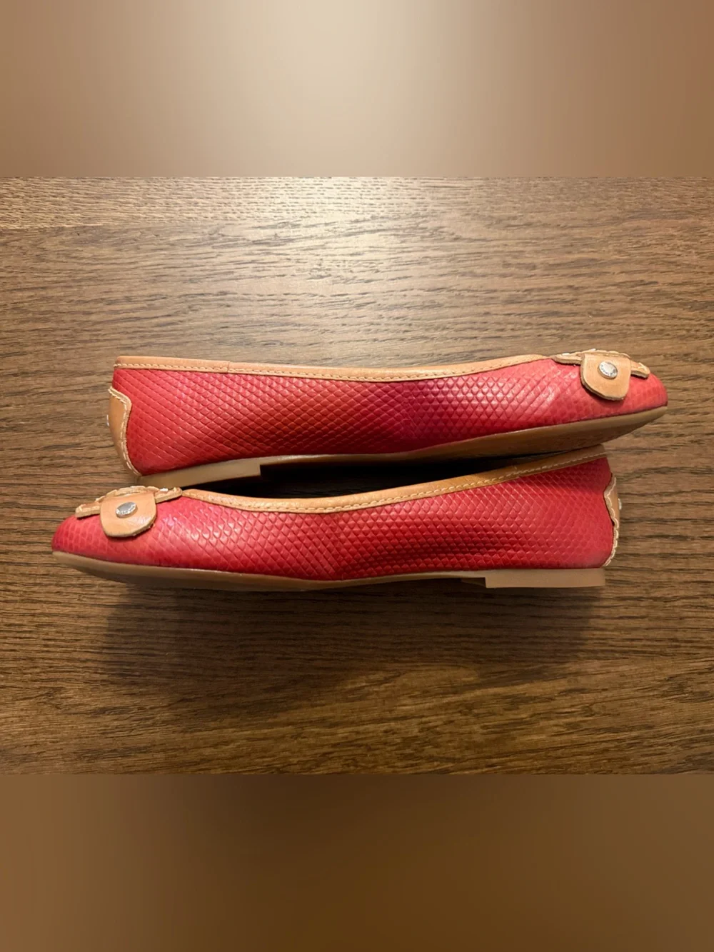 Gianni Bini Red Ballet Flats with Tan Trim and Silver Buckle